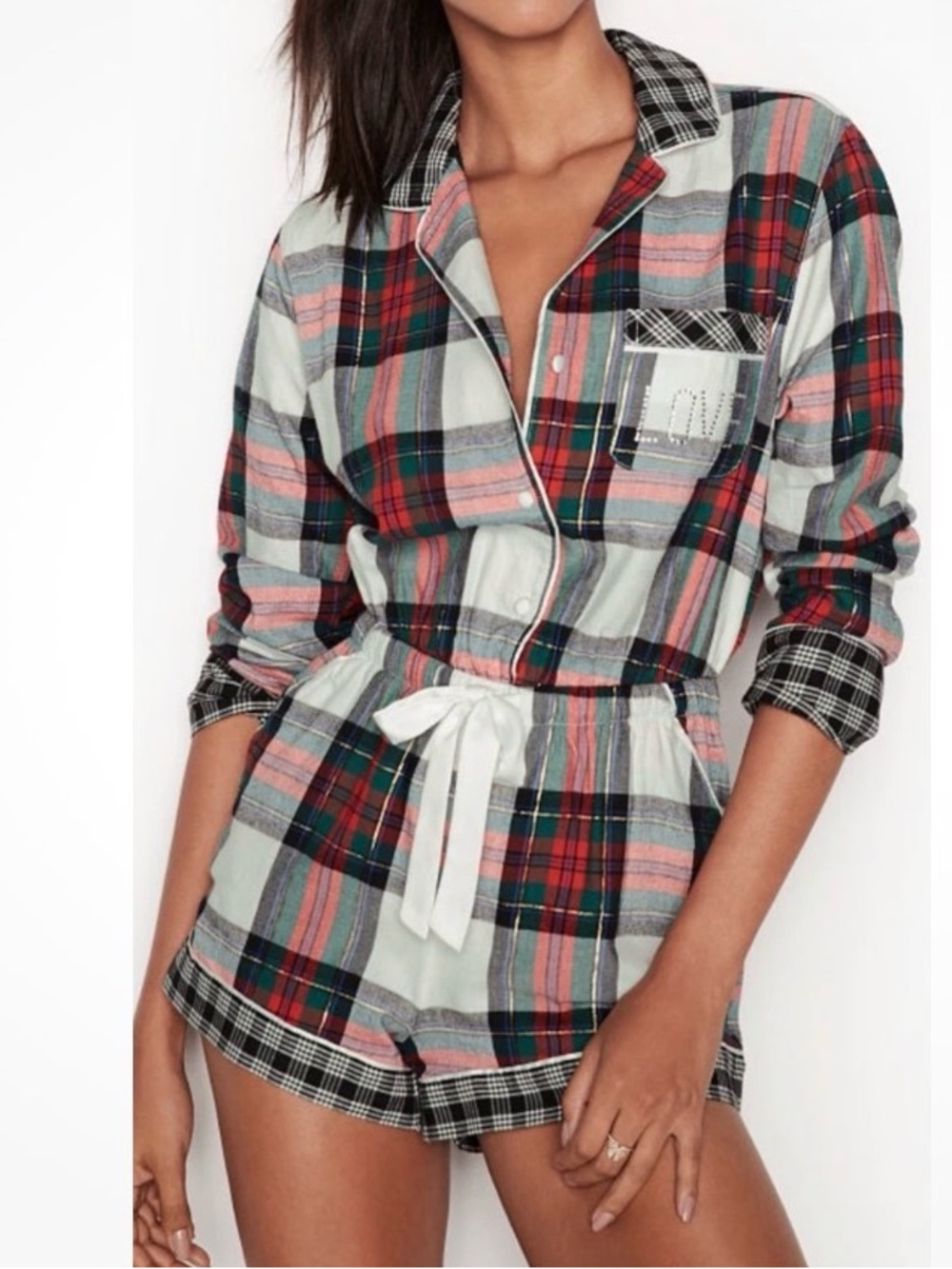Victoria's Secret long sleeve sleep romper in a holiday plaid pattern. Size S